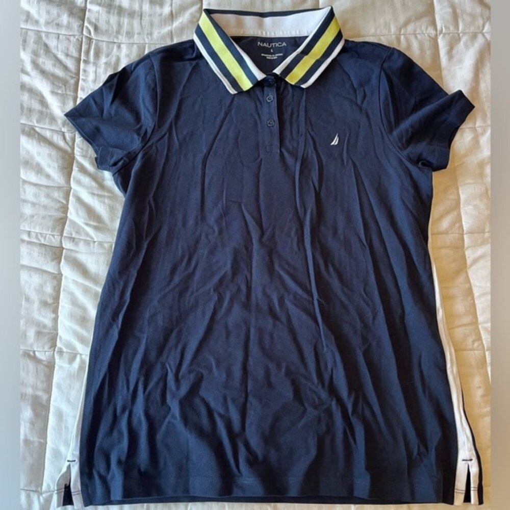 Nautica Classic Fit Stripes V-neck Collar Stretch Cotton Polo Shirt L Navy